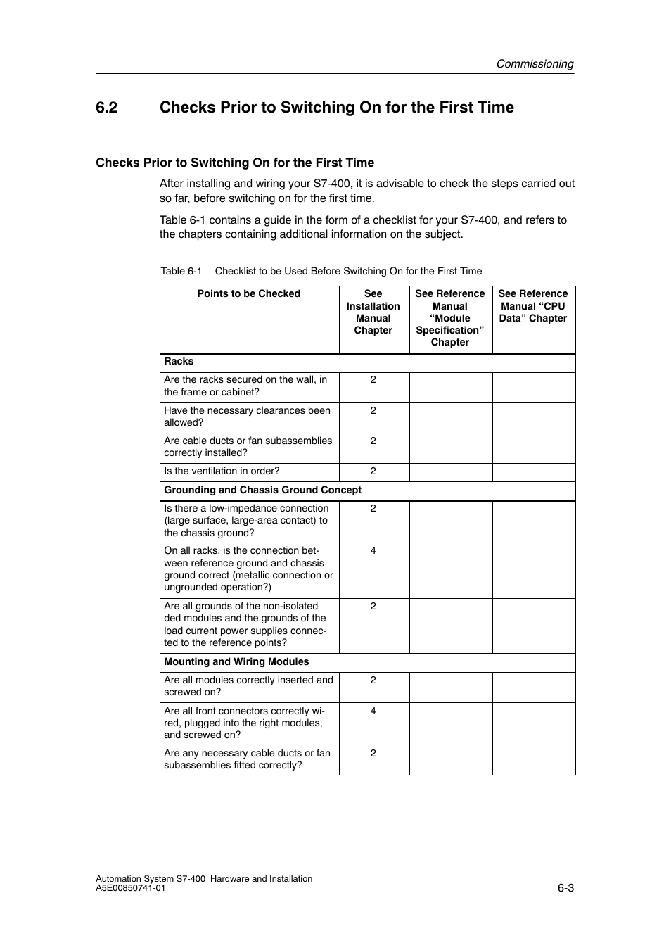 2 checks prior to switching on for the first time | Siemens Automation System S7-400 User Manual | Page 131 / 228