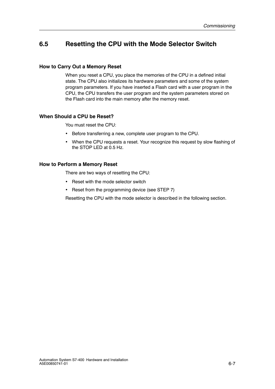 5 resetting the cpu with the mode selector switch | Siemens Automation System S7-400 User Manual | Page 135 / 228