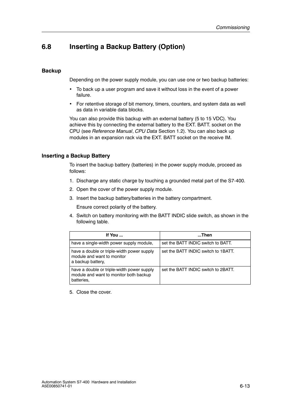 8 inserting a backup battery (option) | Siemens Automation System S7-400 User Manual | Page 141 / 228