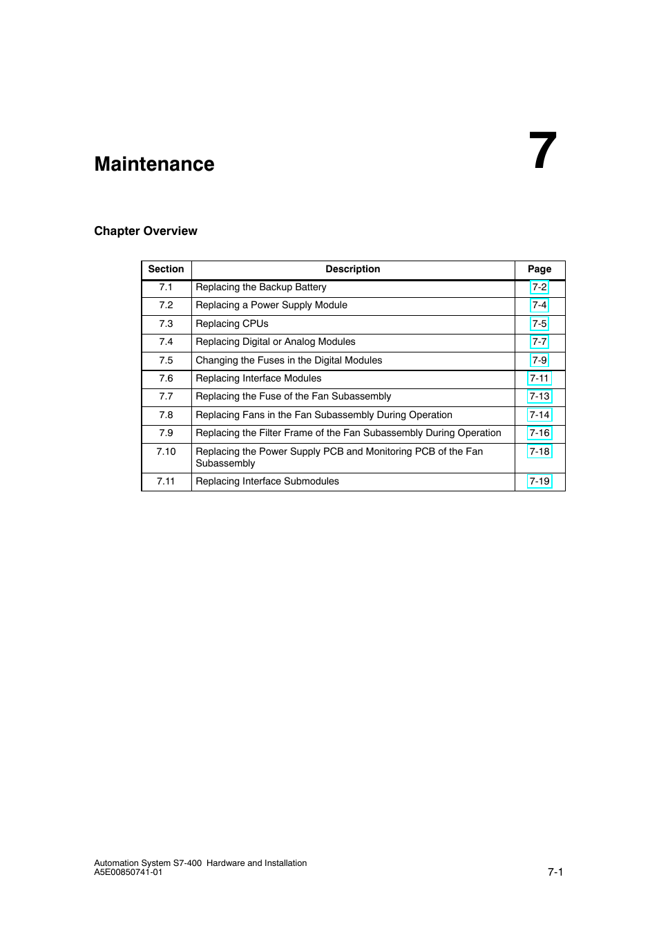 7 maintenance, Maintenance | Siemens Automation System S7-400 User Manual | Page 149 / 228