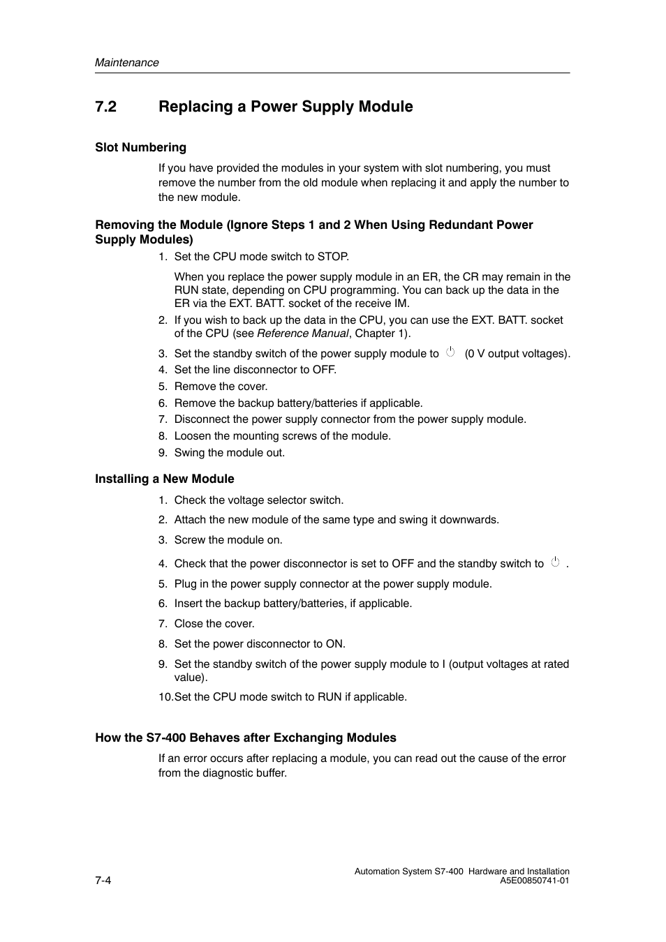 2 replacing a power supply module | Siemens Automation System S7-400 User Manual | Page 152 / 228