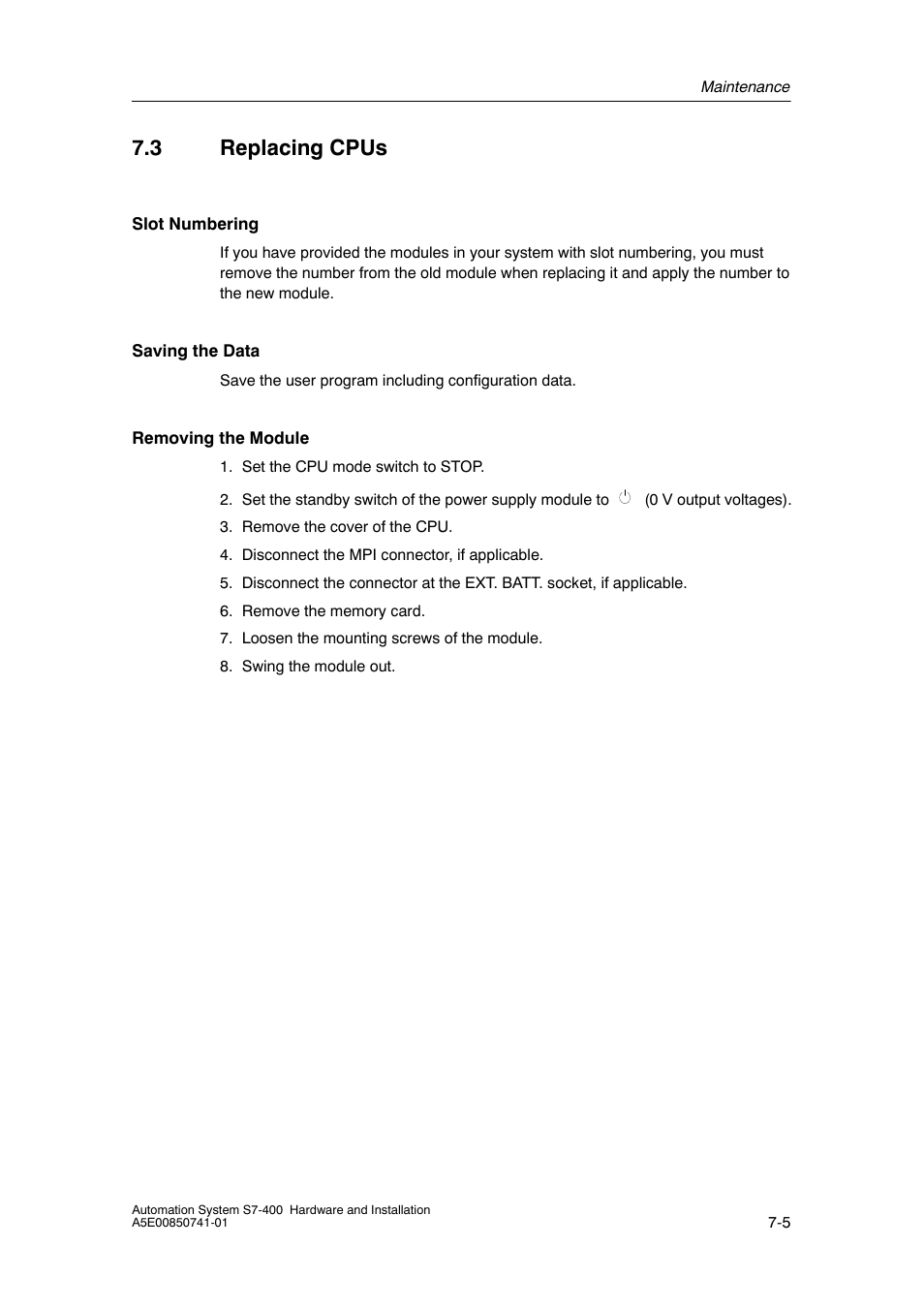 3 replacing cpus | Siemens Automation System S7-400 User Manual | Page 153 / 228