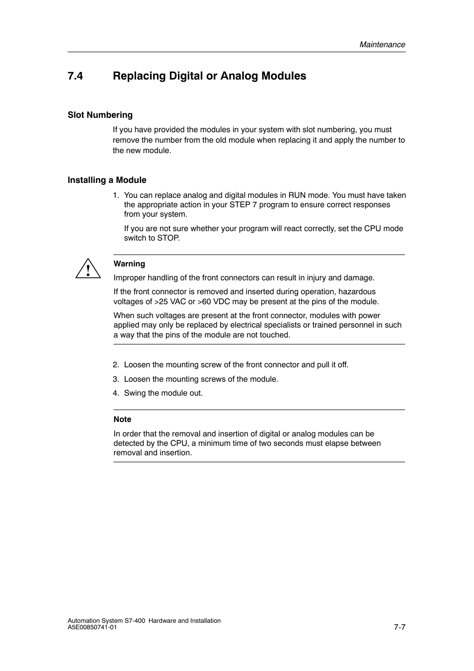 4 replacing digital or analog modules | Siemens Automation System S7-400 User Manual | Page 155 / 228