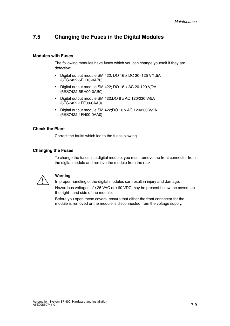 5 changing the fuses in the digital modules | Siemens Automation System S7-400 User Manual | Page 157 / 228