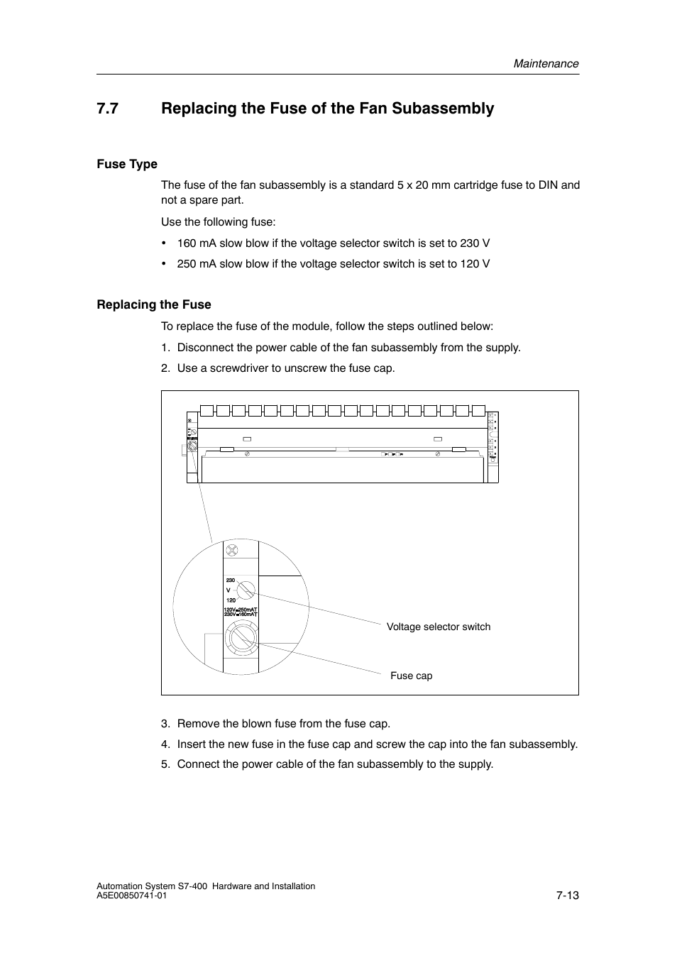 7 replacing the fuse of the fan subassembly | Siemens Automation System S7-400 User Manual | Page 161 / 228