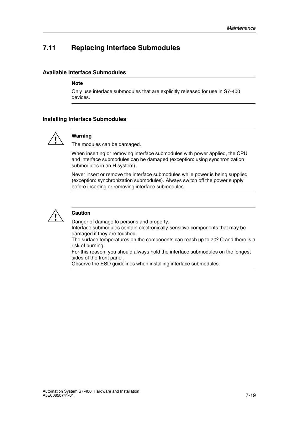 11 replacing interface submodules | Siemens Automation System S7-400 User Manual | Page 167 / 228