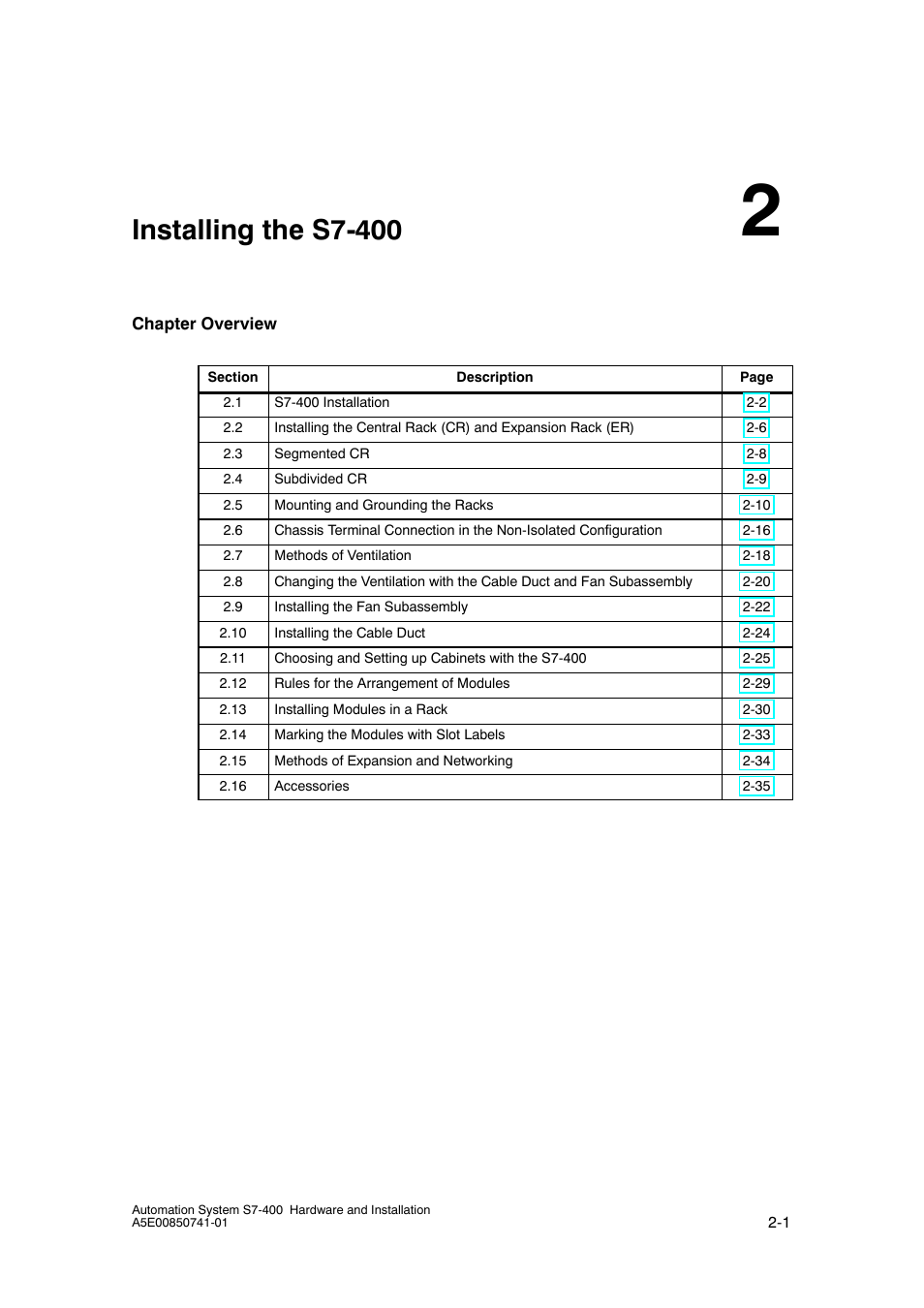 2 installing the s7- 400, Installing the s7-400 | Siemens Automation System S7-400 User Manual | Page 17 / 228