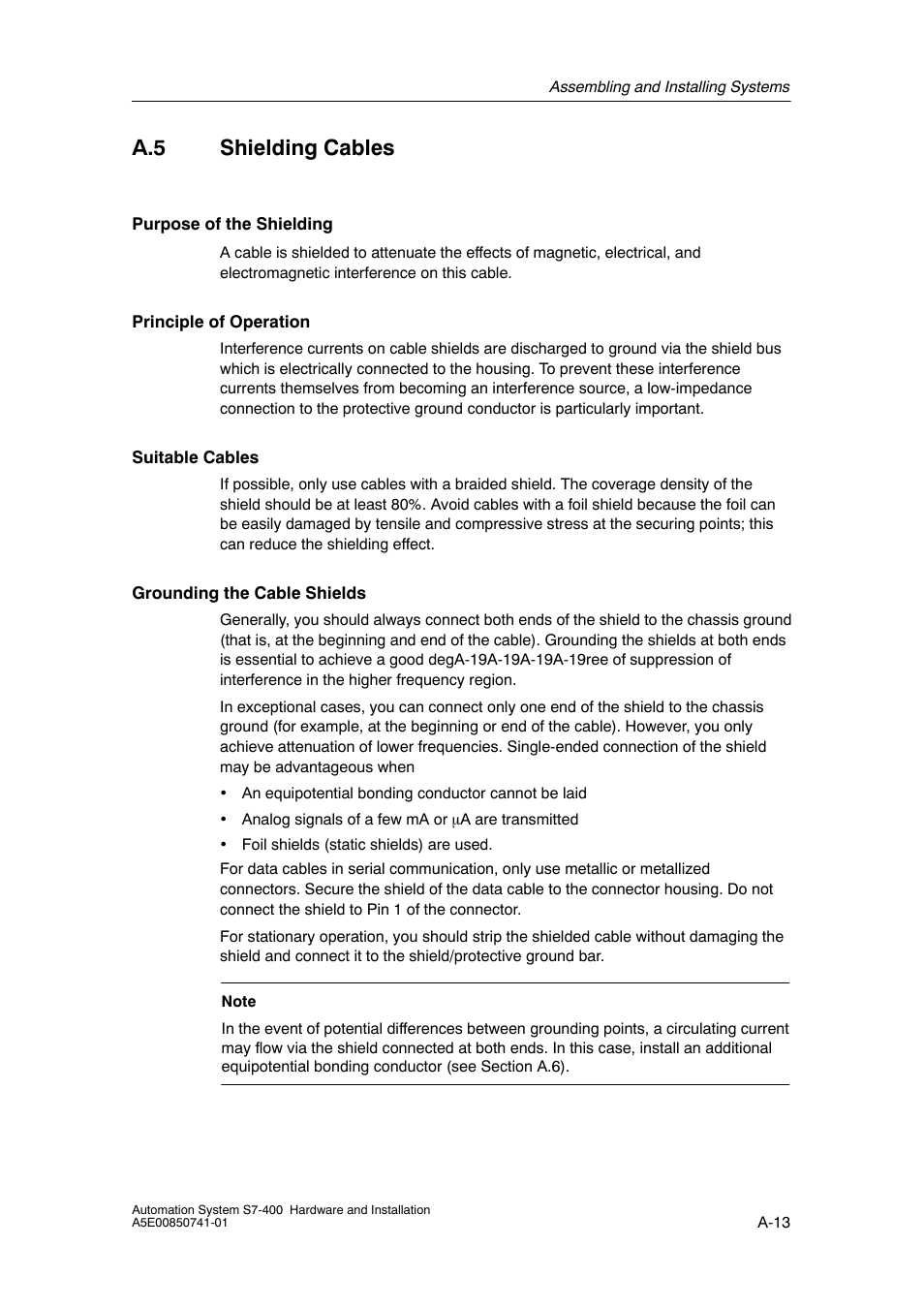 A.5 shielding cables, A-13 | Siemens Automation System S7-400 User Manual | Page 181 / 228