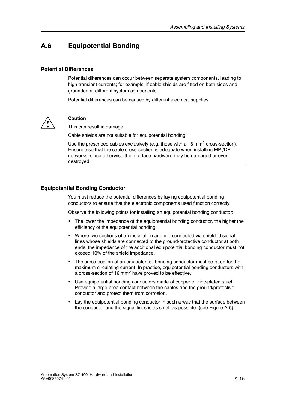 A.6 equipotential bonding, A-15 | Siemens Automation System S7-400 User Manual | Page 183 / 228