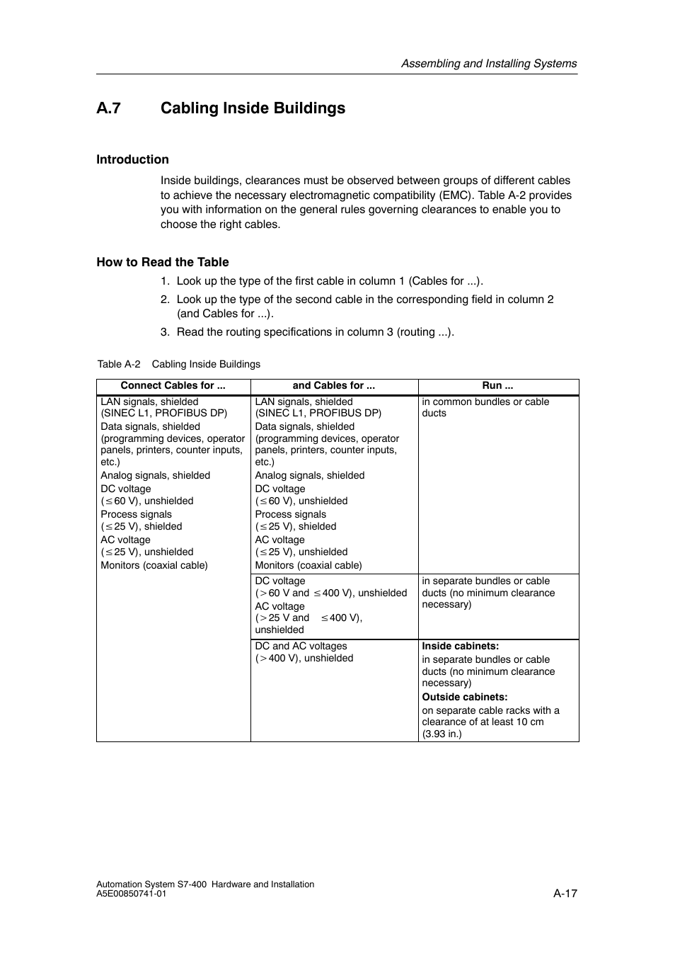 A.7 cabling inside buildings, A-17 | Siemens Automation System S7-400 User Manual | Page 185 / 228