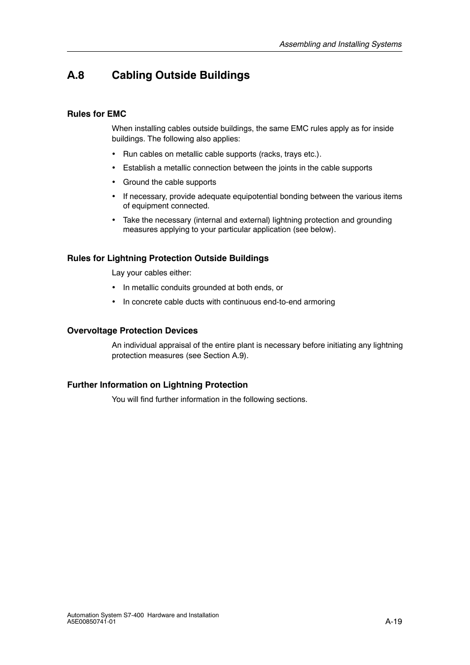 A.8 cabling outside buildings, A-19 | Siemens Automation System S7-400 User Manual | Page 187 / 228