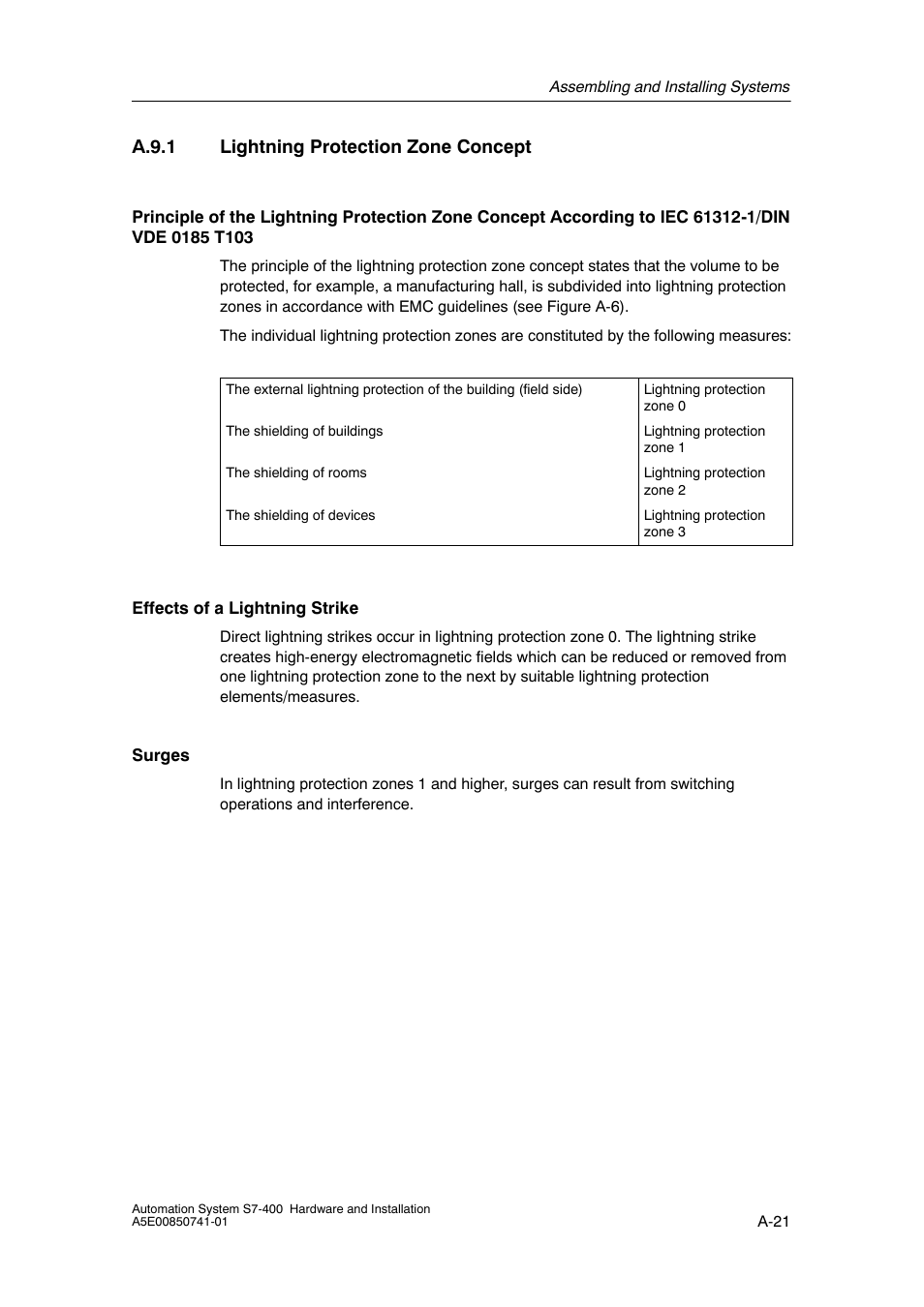 A.9.1 lightning protection zone concept, A-21 | Siemens Automation System S7-400 User Manual | Page 189 / 228