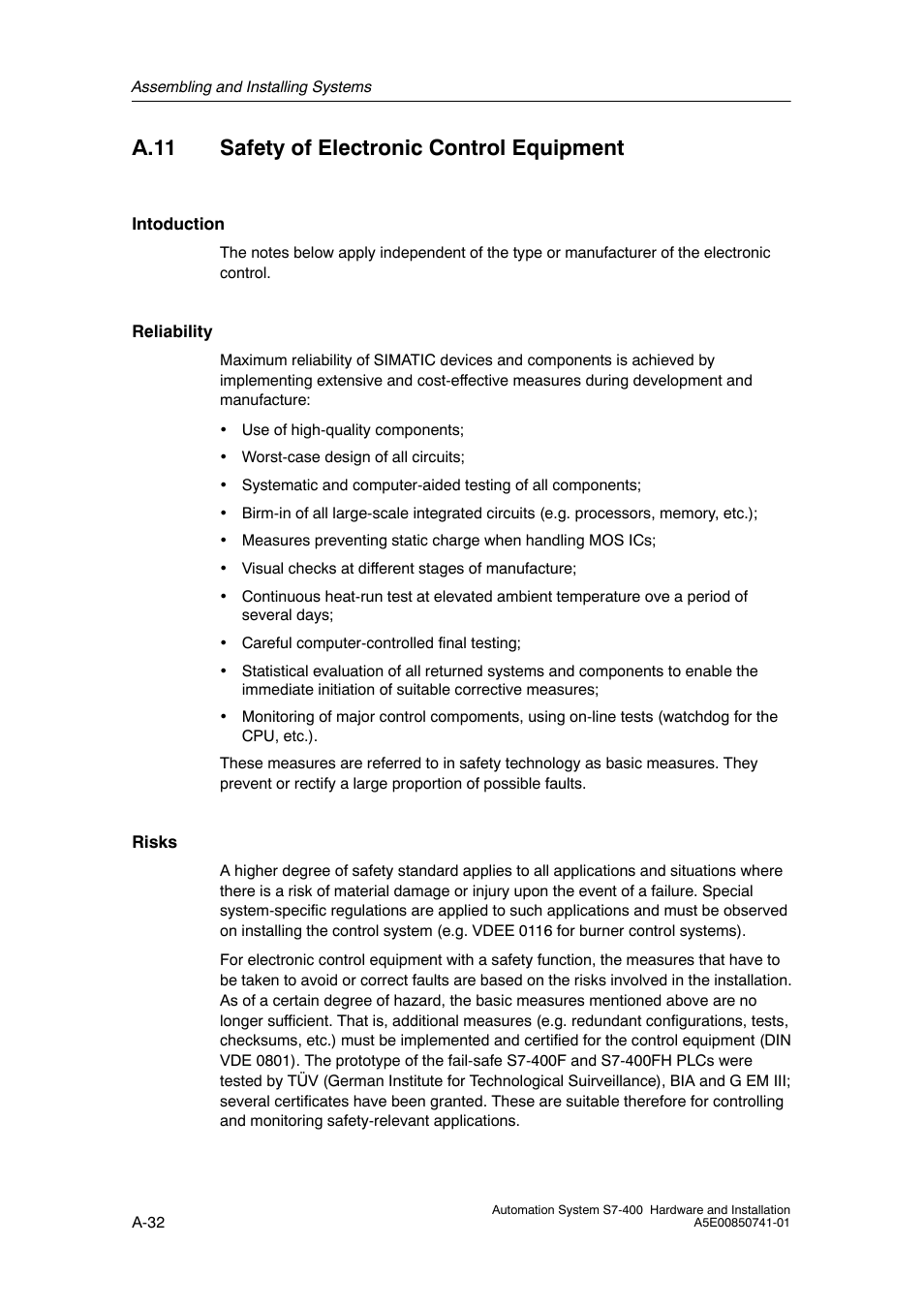 A.11 safety of electronic control equipment, A-32 | Siemens Automation System S7-400 User Manual | Page 200 / 228