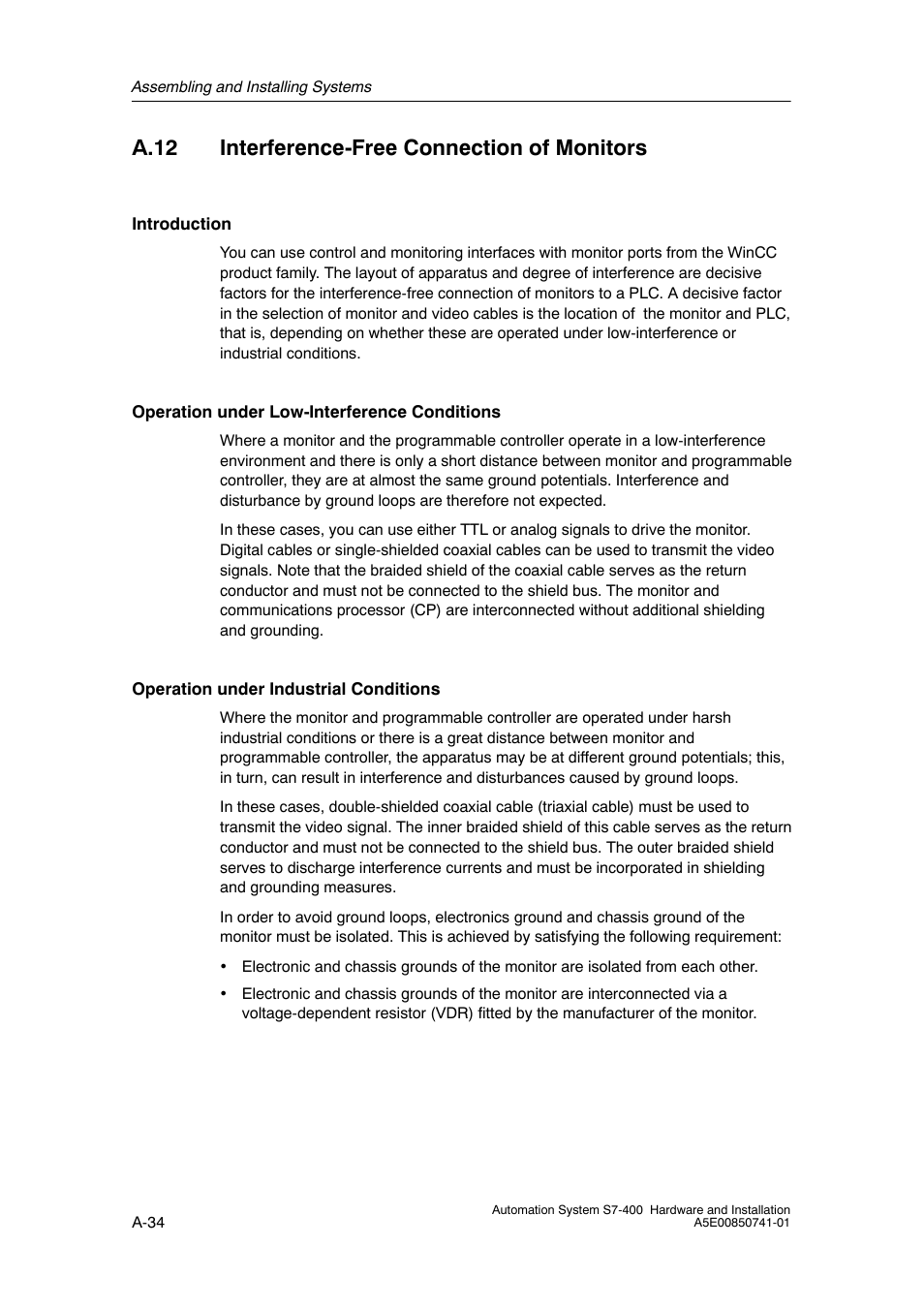 A.12 interference- free connection of monitors, A-34, A.12 interference-free connection of monitors | Siemens Automation System S7-400 User Manual | Page 202 / 228