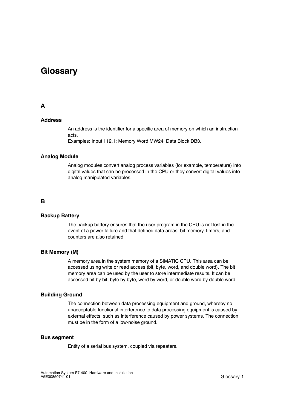 Glossary, Glossary, index | Siemens Automation System S7-400 User Manual | Page 209 / 228