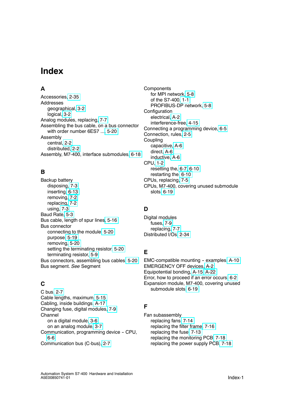 Index | Siemens Automation System S7-400 User Manual | Page 225 / 228