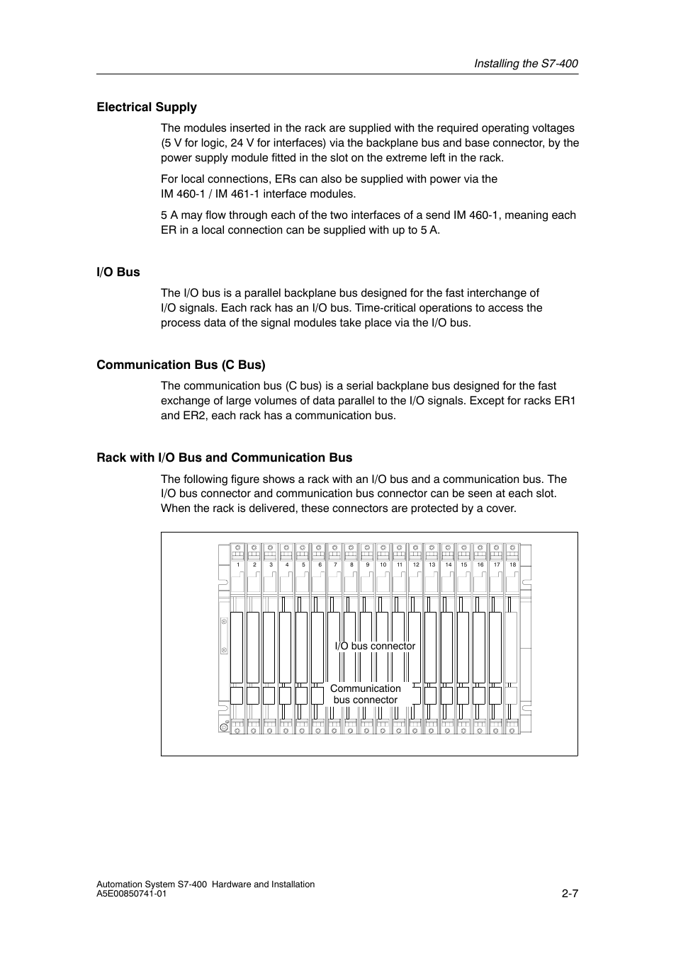 Electrical supply, I/o bus, Communication bus (c bus) | Rack with i/o bus and communication bus | Siemens Automation System S7-400 User Manual | Page 23 / 228