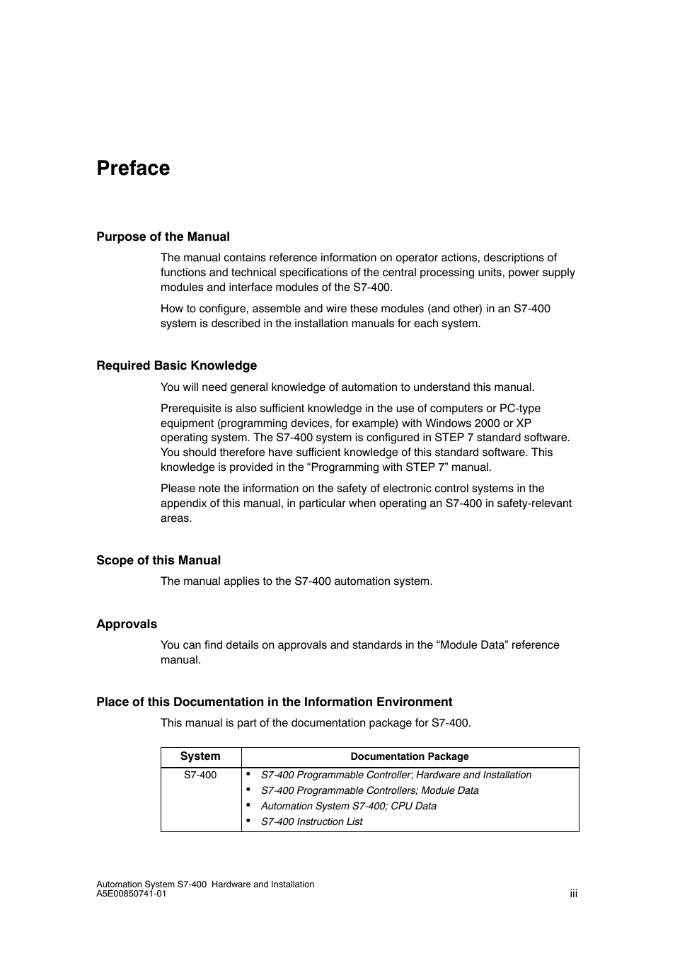 Preface, Preface, contents | Siemens Automation System S7-400 User Manual | Page 3 / 228