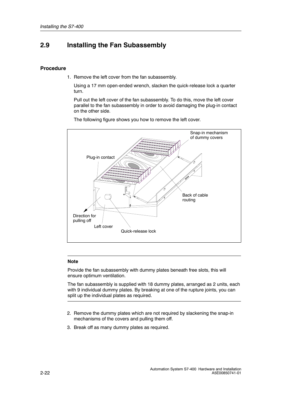 9 installing the fan subassembly | Siemens Automation System S7-400 User Manual | Page 38 / 228