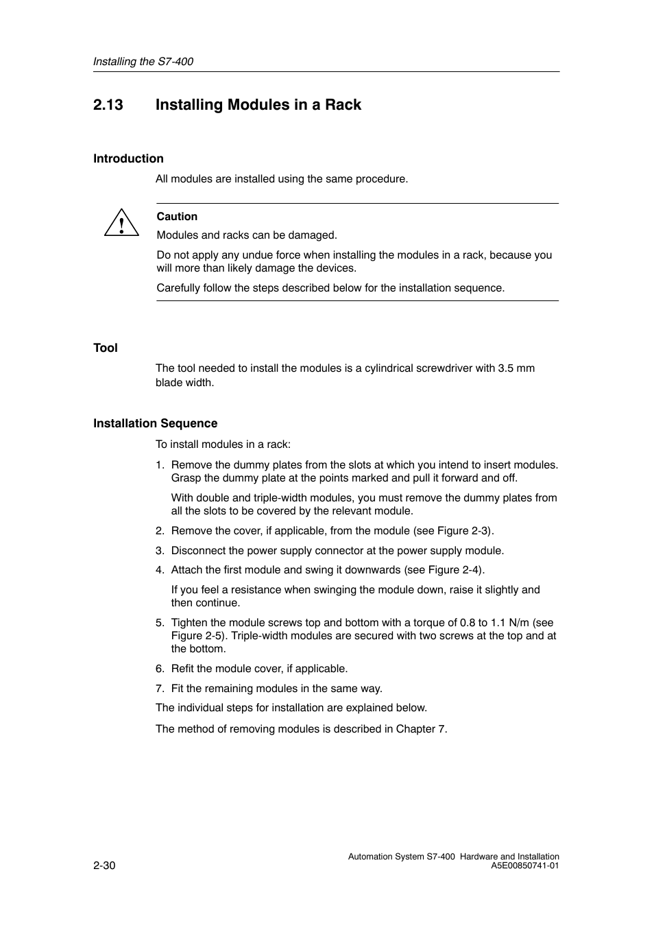 13 installing modules in a rack | Siemens Automation System S7-400 User Manual | Page 46 / 228