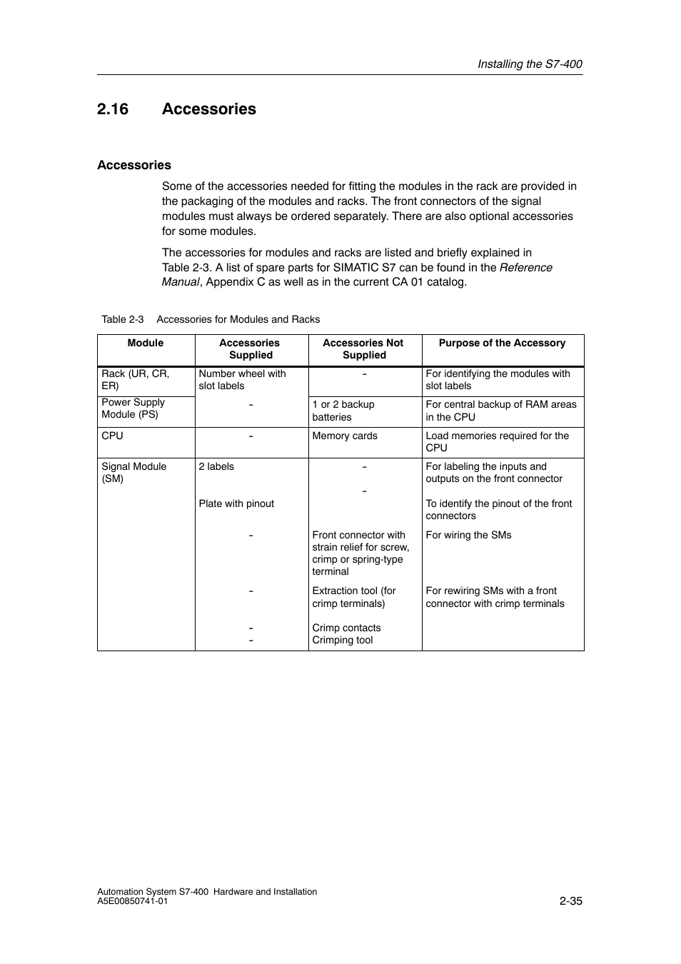 16 accessories | Siemens Automation System S7-400 User Manual | Page 51 / 228