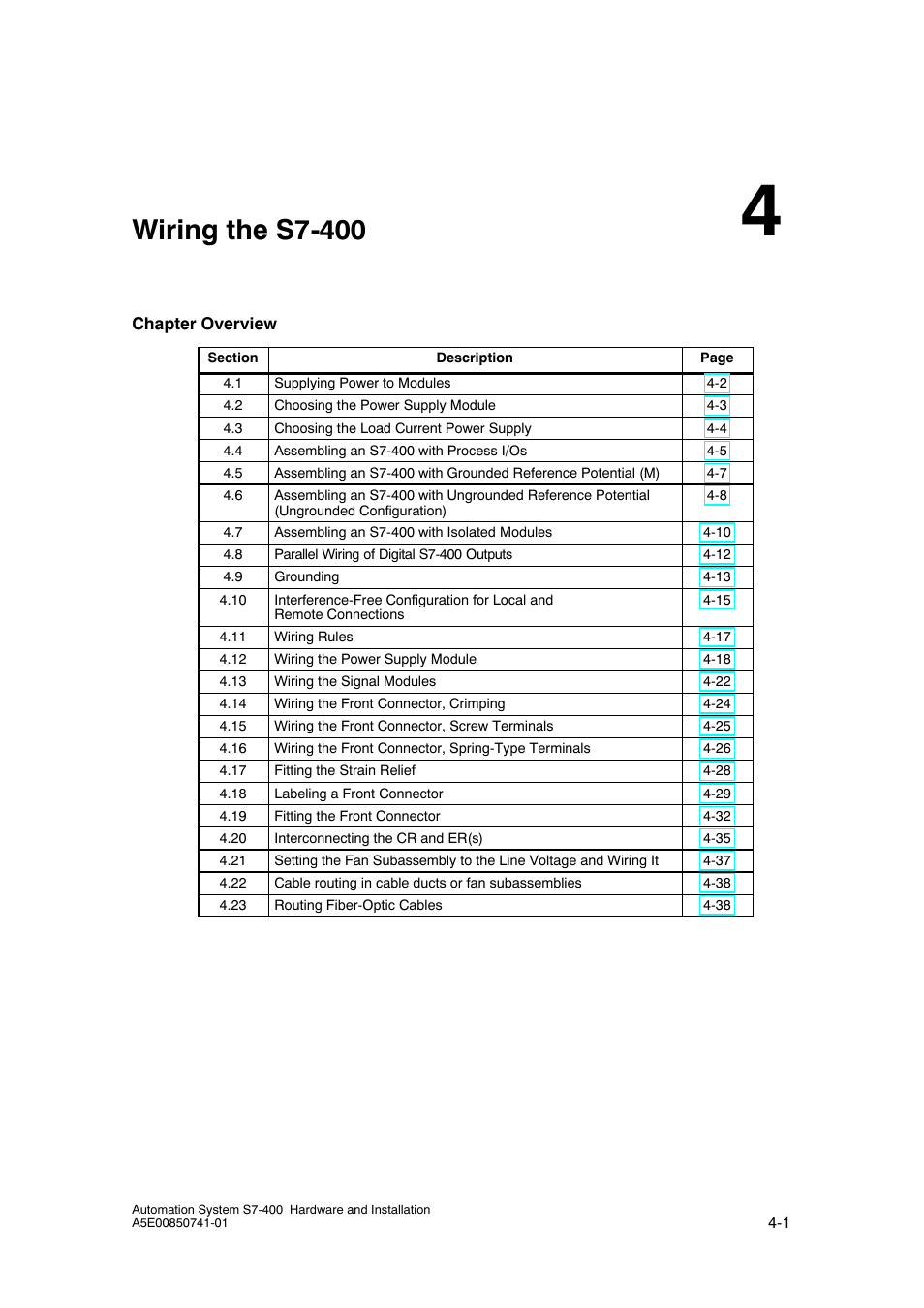 4 wiring the s7- 400, Wiring the s7-400 | Siemens Automation System S7-400 User Manual | Page 61 / 228