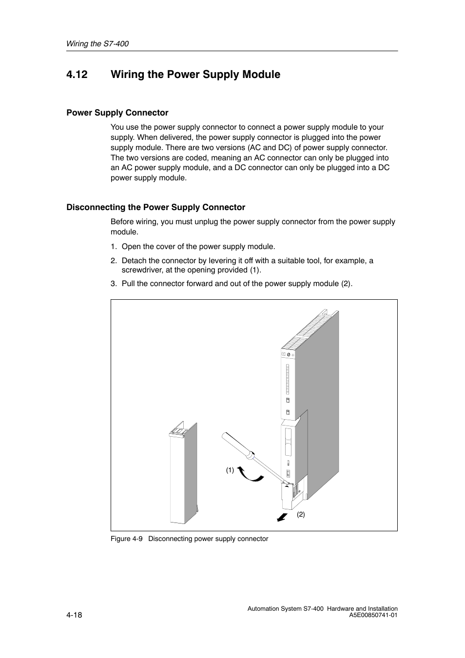 12 wiring the power supply module | Siemens Automation System S7-400 User Manual | Page 78 / 228