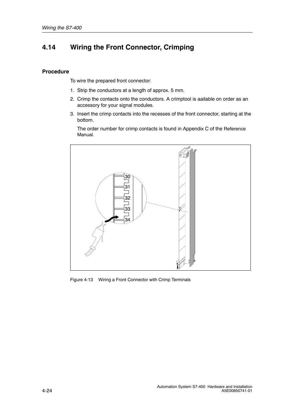 14 wiring the front connector, crimping | Siemens Automation System S7-400 User Manual | Page 84 / 228