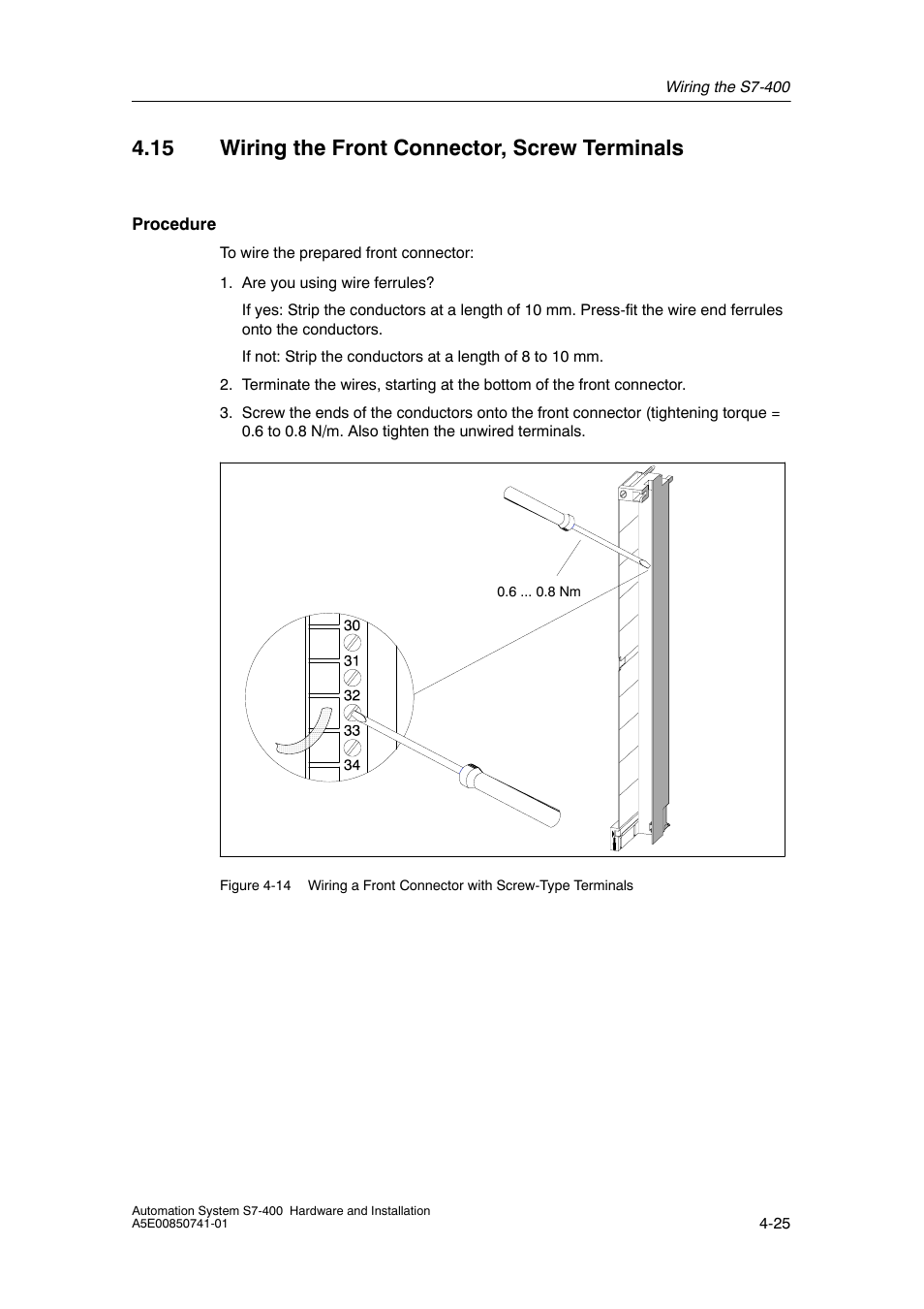 15 wiring the front connector, screw terminals | Siemens Automation System S7-400 User Manual | Page 85 / 228