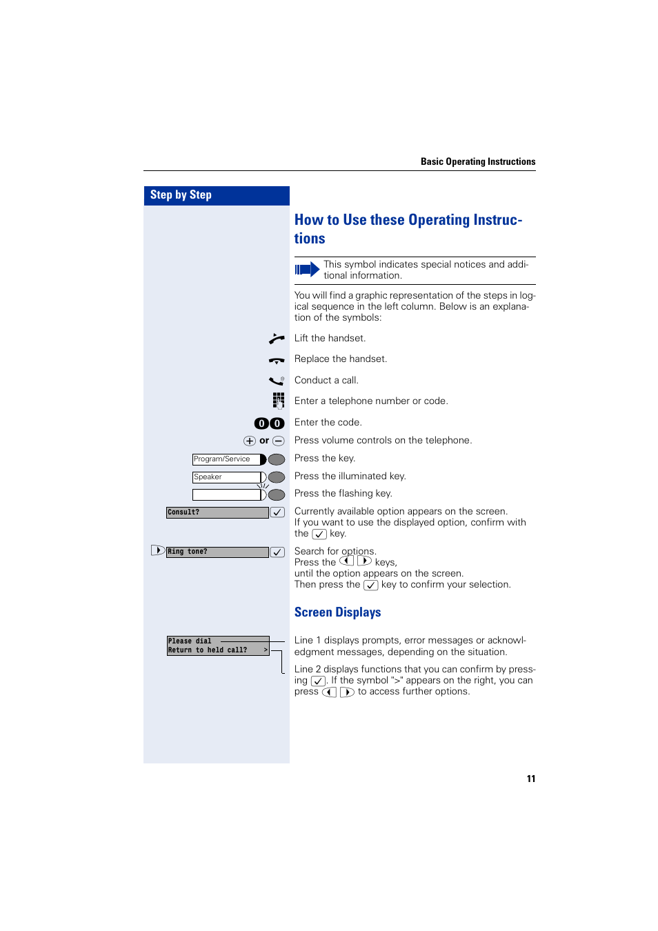 How to use these operating instructions, Screen displays, How to use these operating instruc- tions | Siemens HIPATH 1200 User Manual | Page 11 / 104