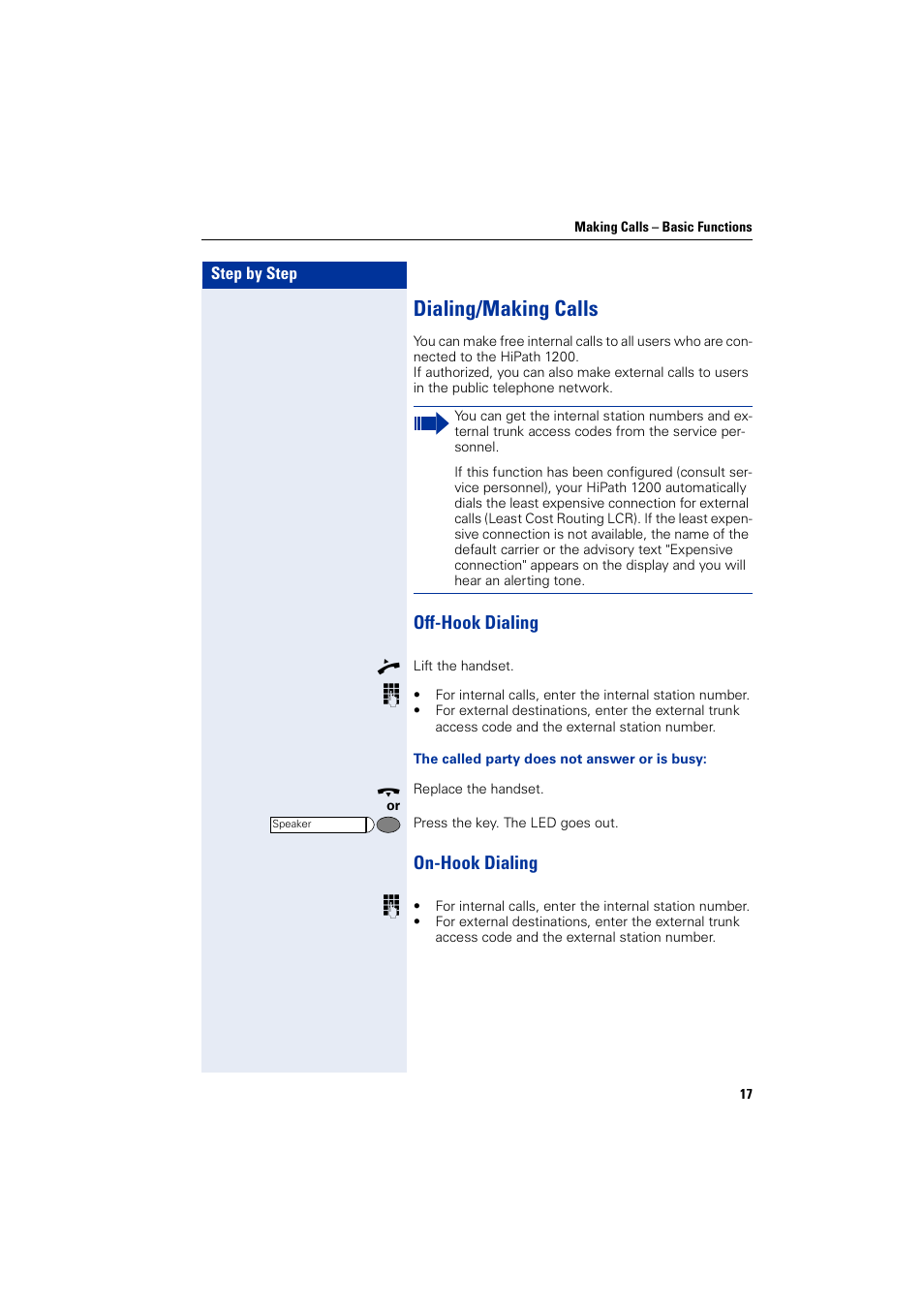 Dialing/making calls, Off-hook dialing, On-hook dialing | Off-hook dialing on-hook dialing | Siemens HIPATH 1200 User Manual | Page 17 / 104