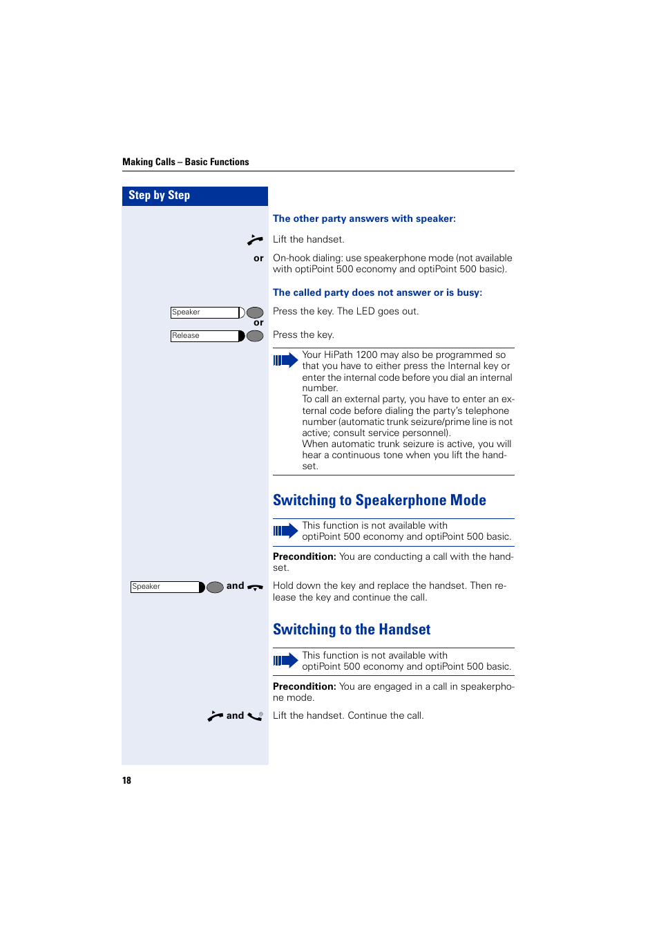 Switching to speakerphone mode, Switching to the handset | Siemens HIPATH 1200 User Manual | Page 18 / 104