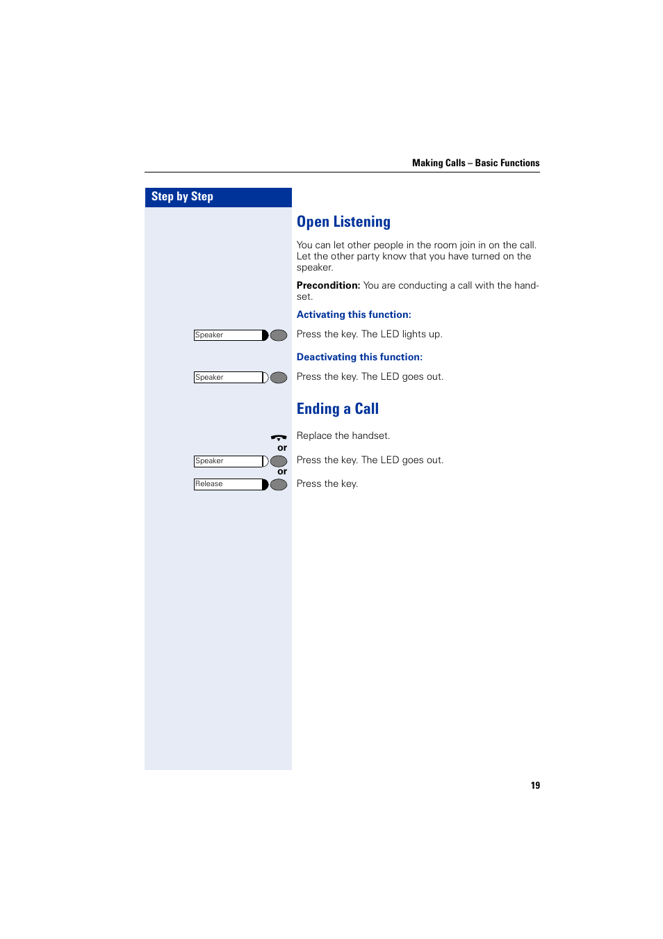 Open listening, Ending a call, Open listening ending a call | Siemens HIPATH 1200 User Manual | Page 19 / 104