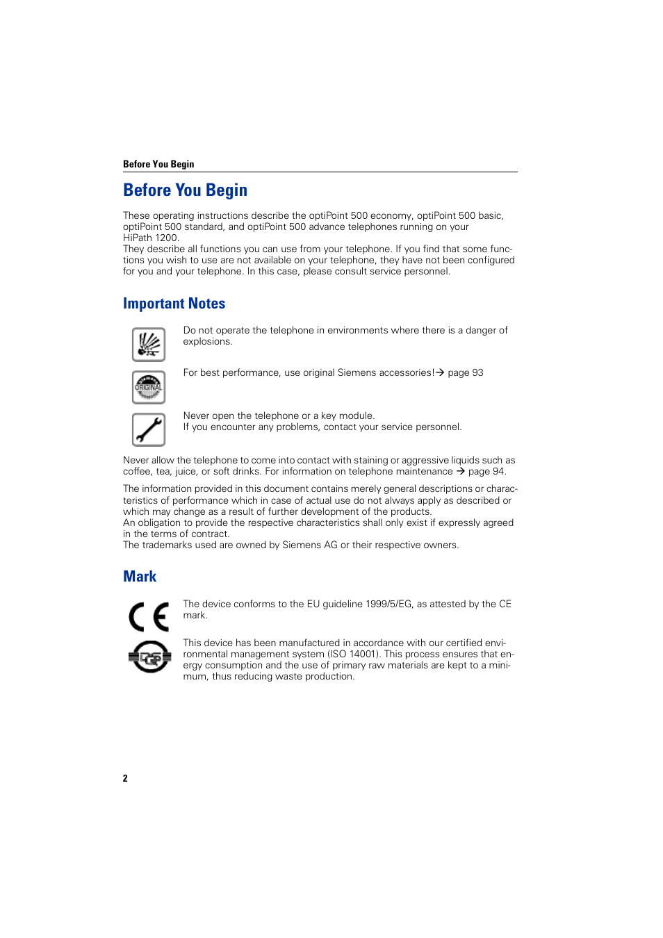Before you begin, Important notes, Mark | Siemens HIPATH 1200 User Manual | Page 2 / 104