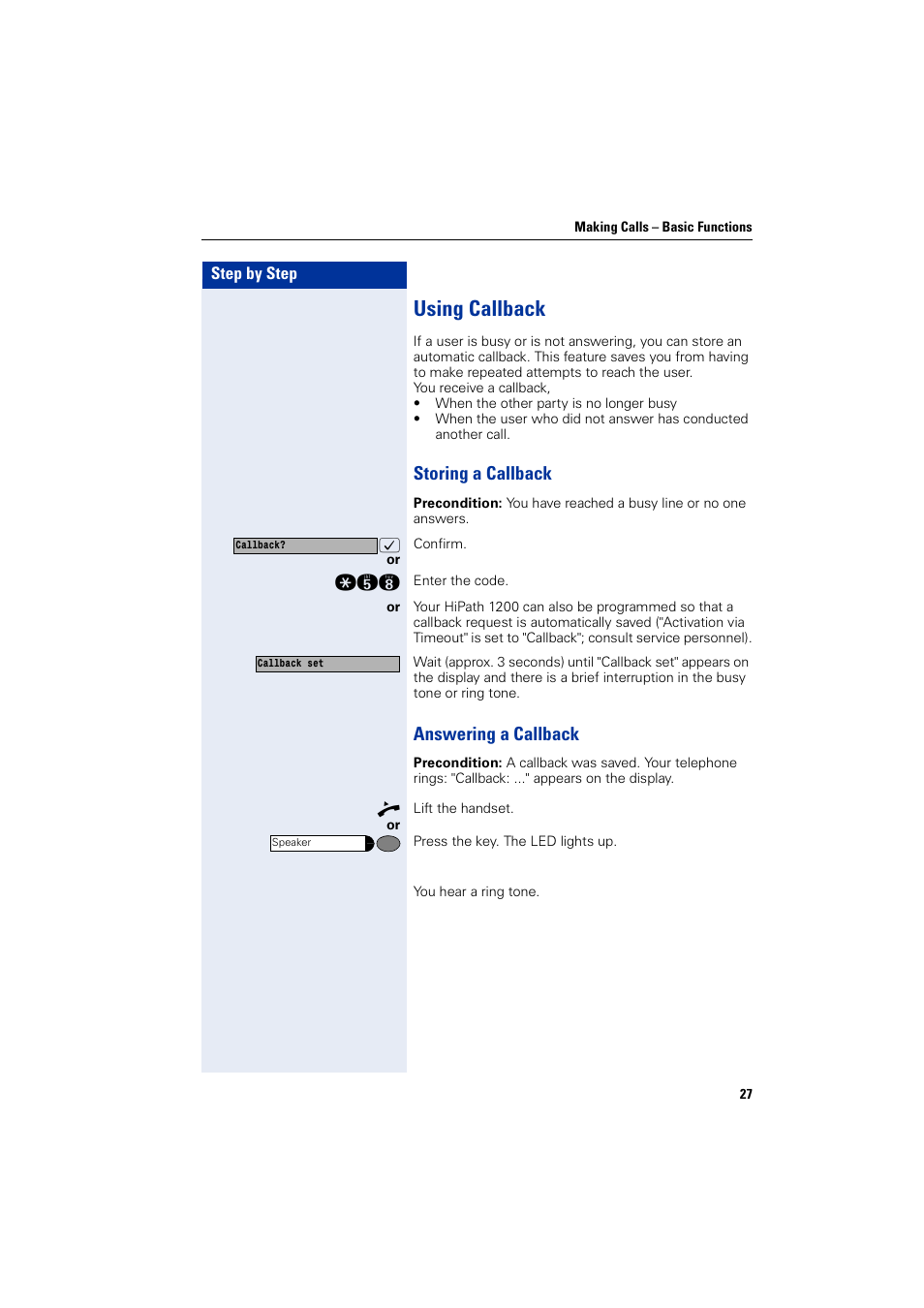 Using callback, Storing a callback, Answering a callback | Storing a callback answering a callback | Siemens HIPATH 1200 User Manual | Page 27 / 104