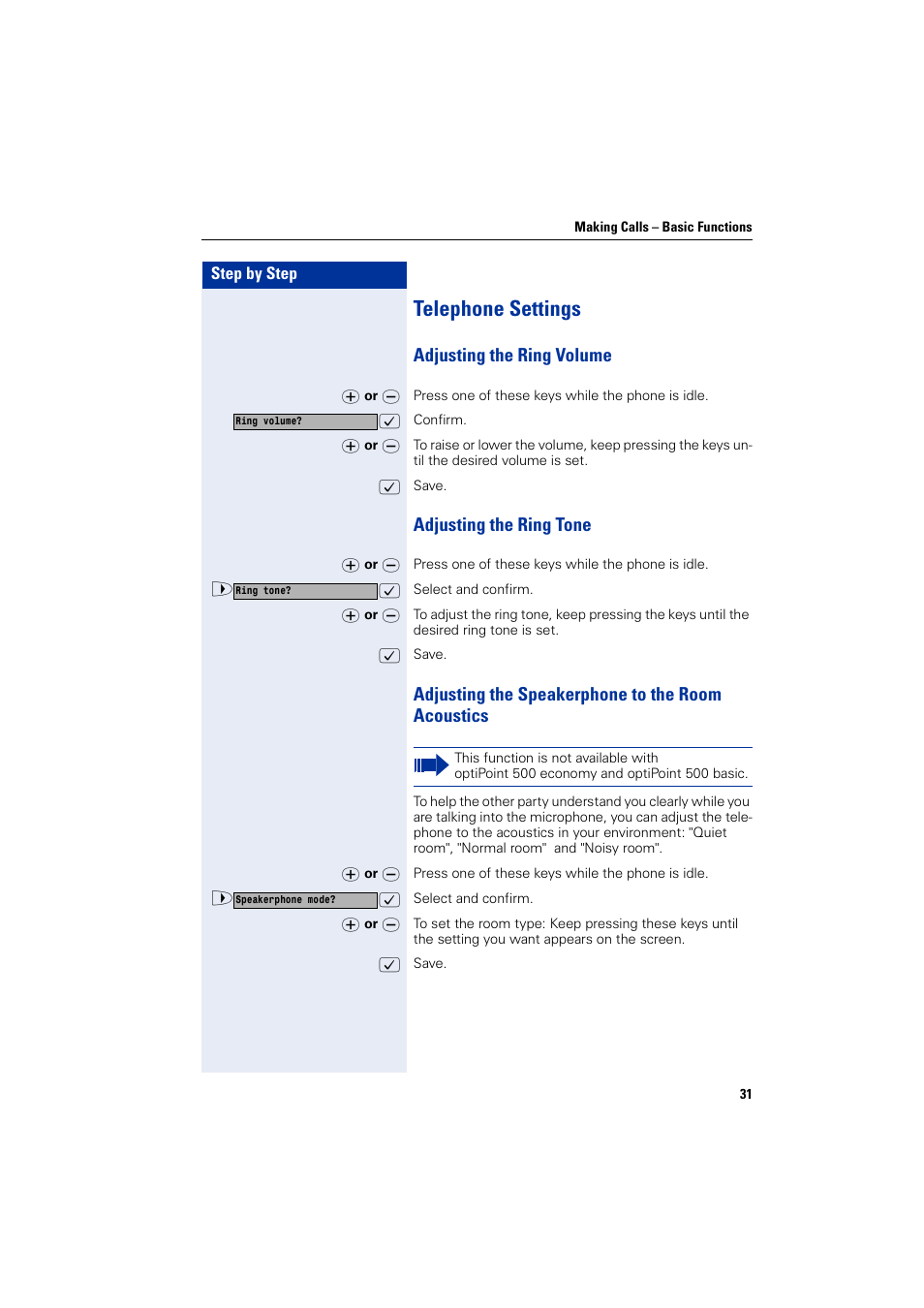 Telephone settings, Adjusting the ring volume, Adjusting the ring tone | Adjusting the speakerphone to the room acoustics | Siemens HIPATH 1200 User Manual | Page 31 / 104