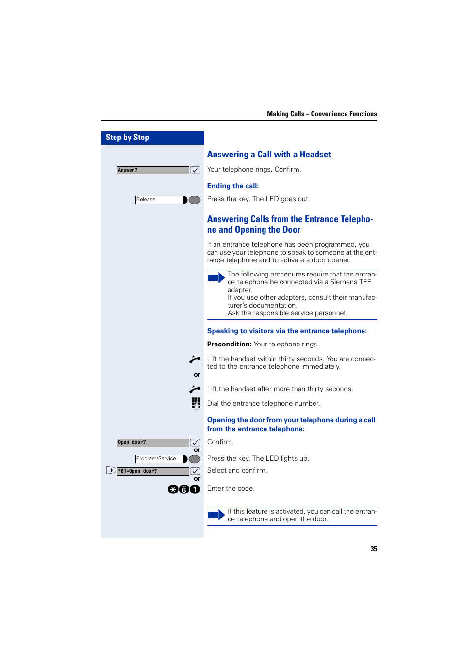 Answering a call with a headset | Siemens HIPATH 1200 User Manual | Page 35 / 104