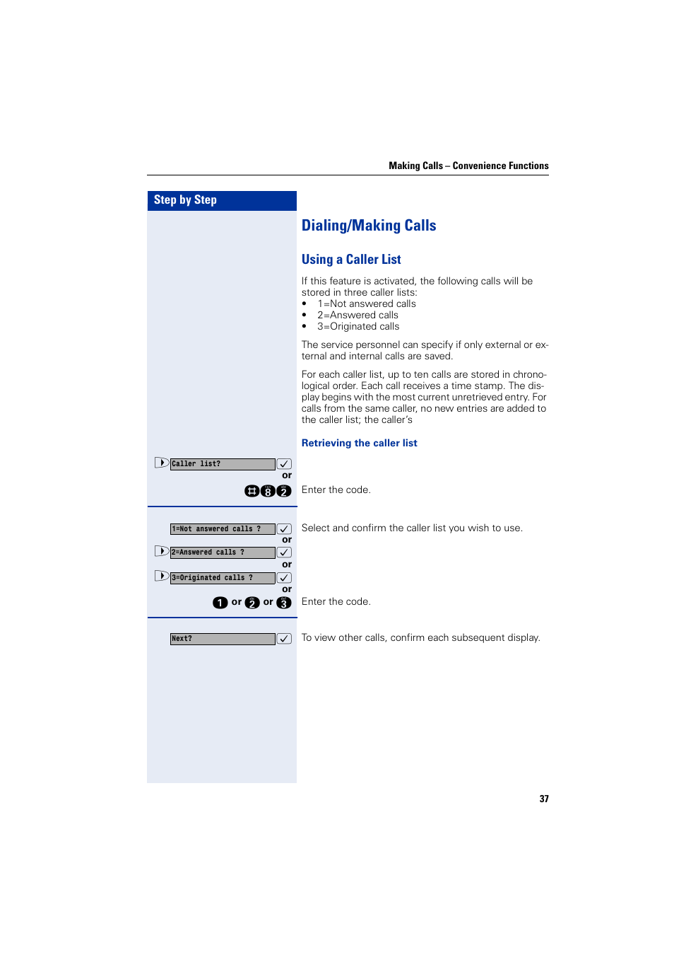 Dialing/making calls, Using a caller list | Siemens HIPATH 1200 User Manual | Page 37 / 104