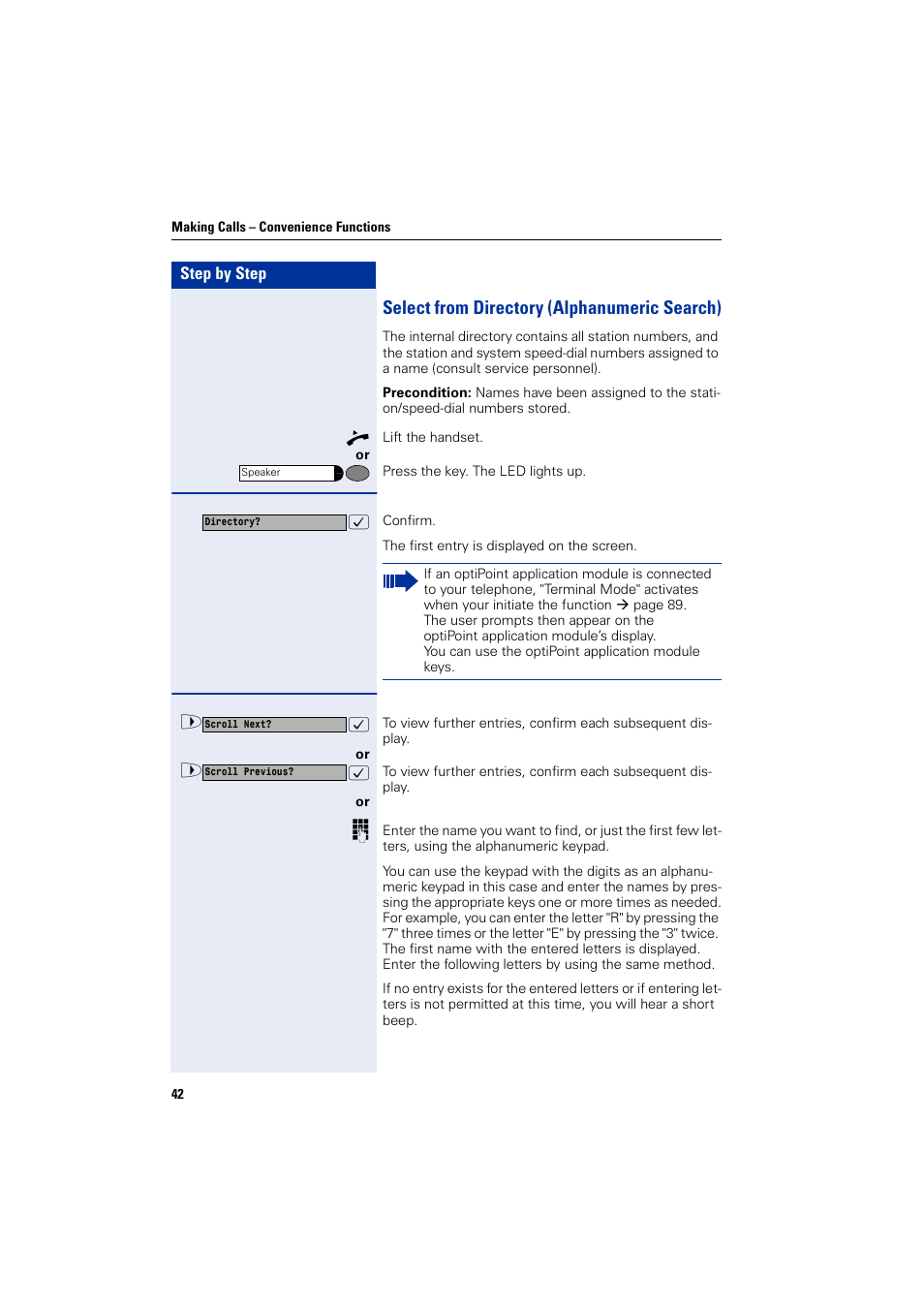 Select from directory (alphanumeric search) | Siemens HIPATH 1200 User Manual | Page 42 / 104