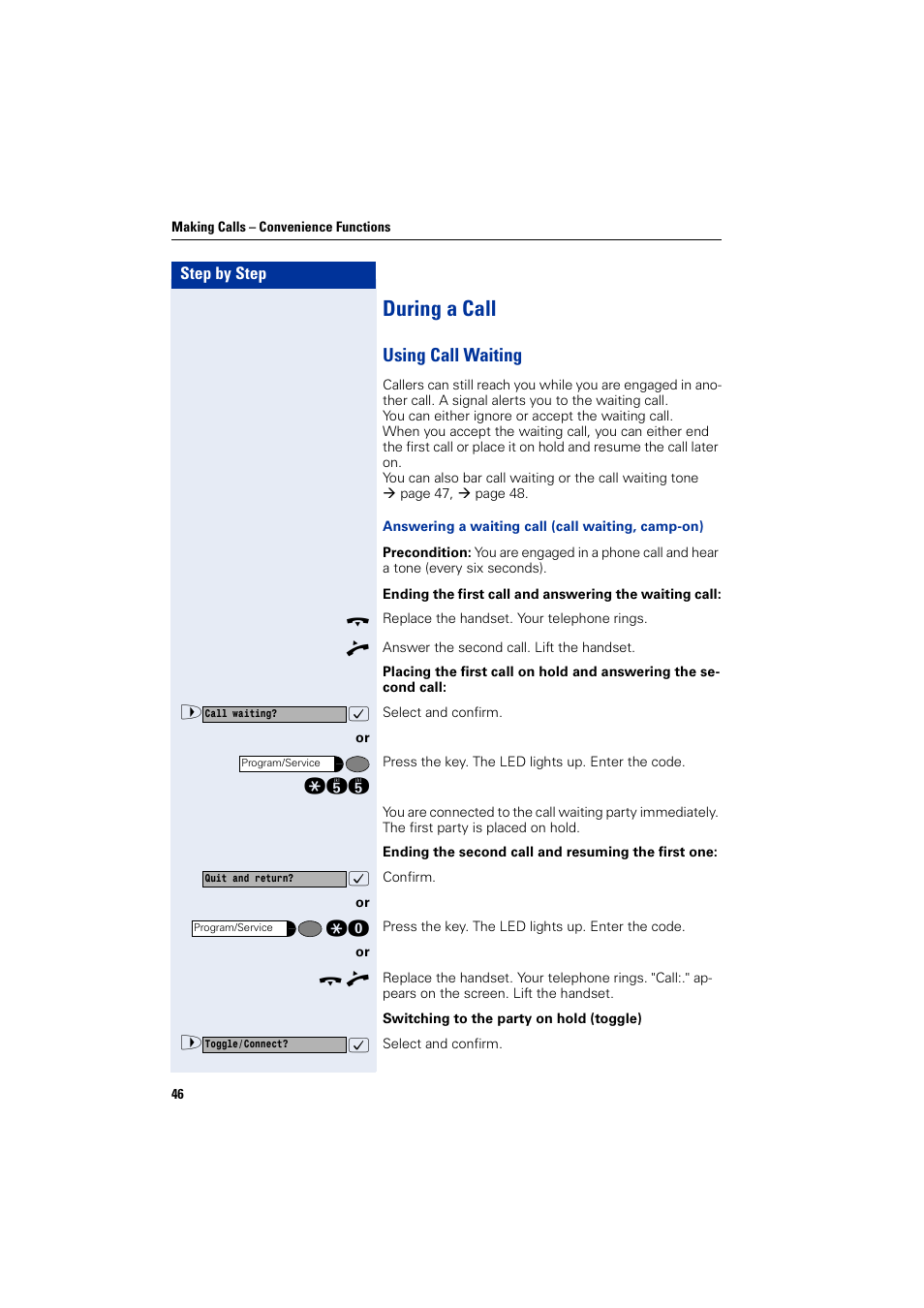 During a call, Using call waiting | Siemens HIPATH 1200 User Manual | Page 46 / 104