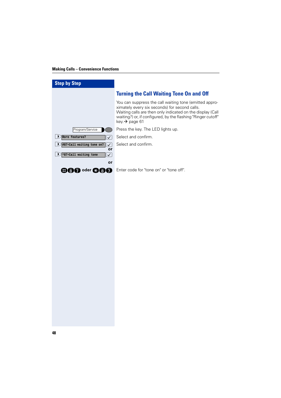 Turning the call waiting tone on and off | Siemens HIPATH 1200 User Manual | Page 48 / 104