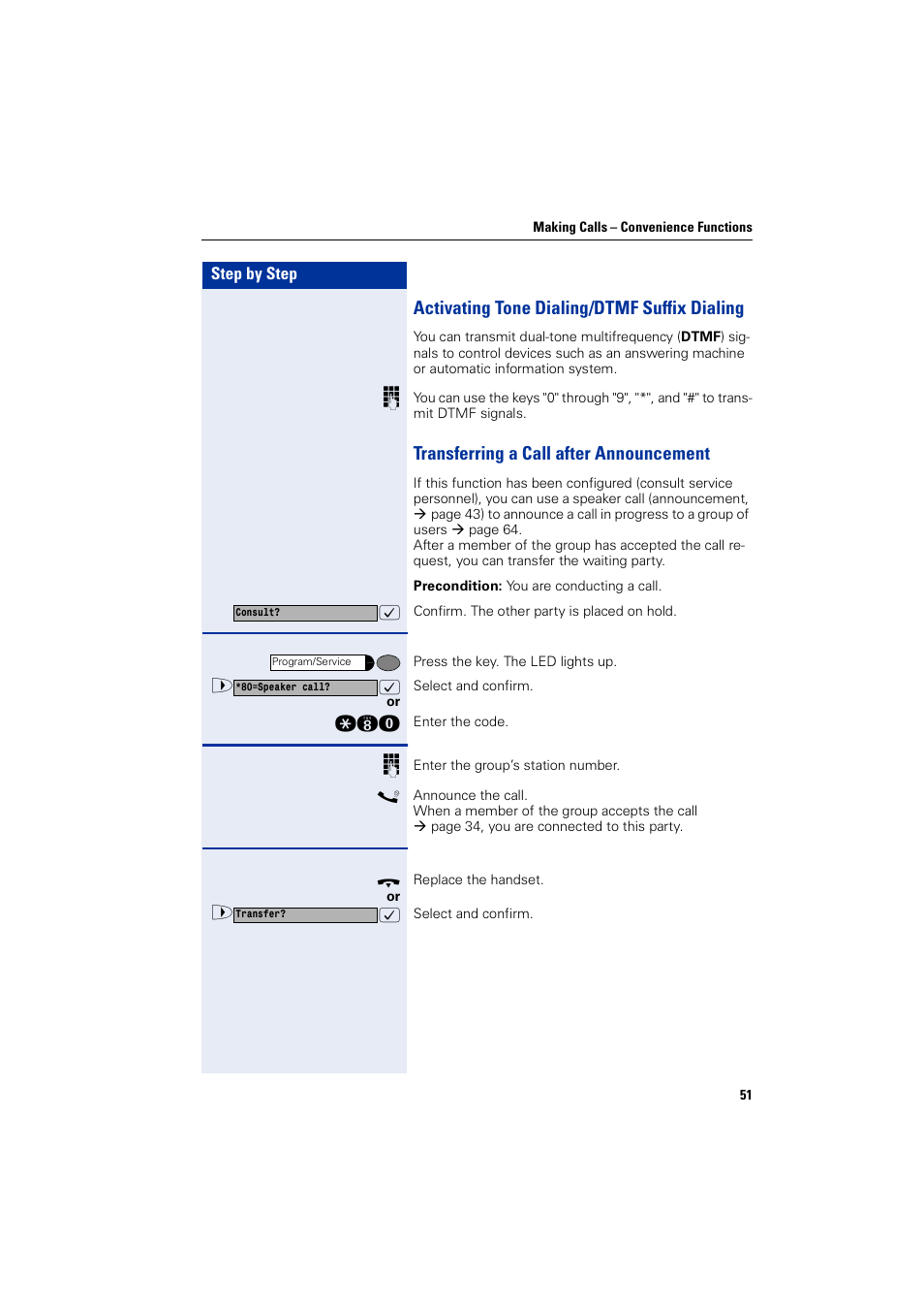 Activating tone dialing/dtmf suffix dialing, Transferring a call after announcement | Siemens HIPATH 1200 User Manual | Page 51 / 104