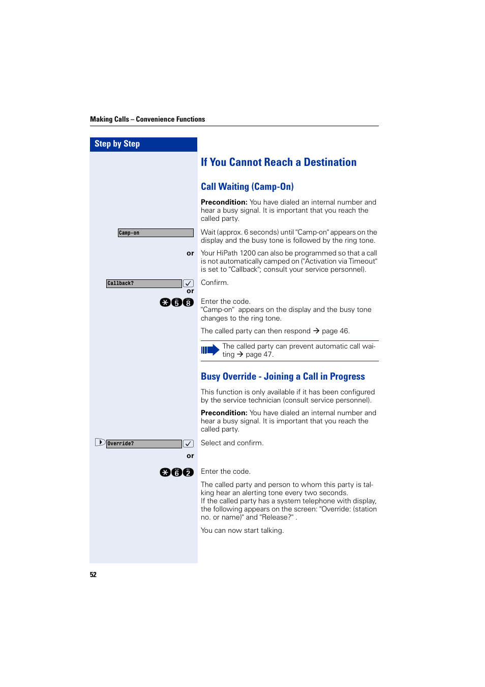 If you cannot reach a destination, Call waiting (camp-on), Busy override - joining a call in progress | Siemens HIPATH 1200 User Manual | Page 52 / 104