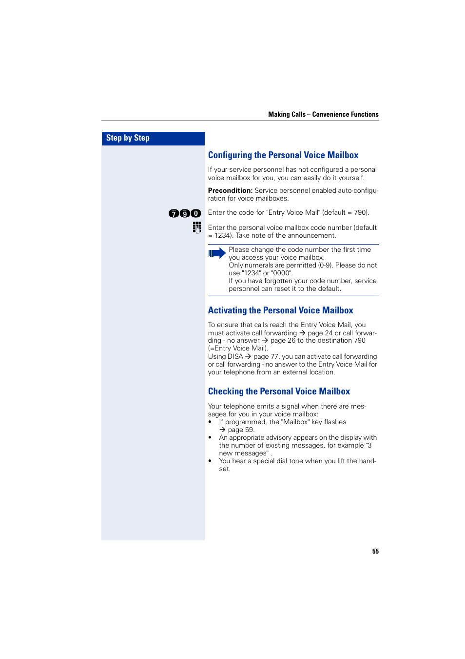 Configuring the personal voice mailbox, Activating the personal voice mailbox, Checking the personal voice mailbox | Siemens HIPATH 1200 User Manual | Page 55 / 104