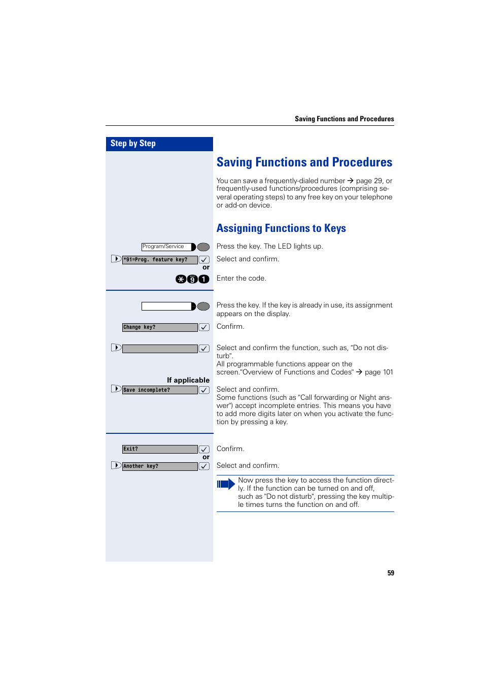 Saving functions and procedures, Assigning functions to keys | Siemens HIPATH 1200 User Manual | Page 59 / 104