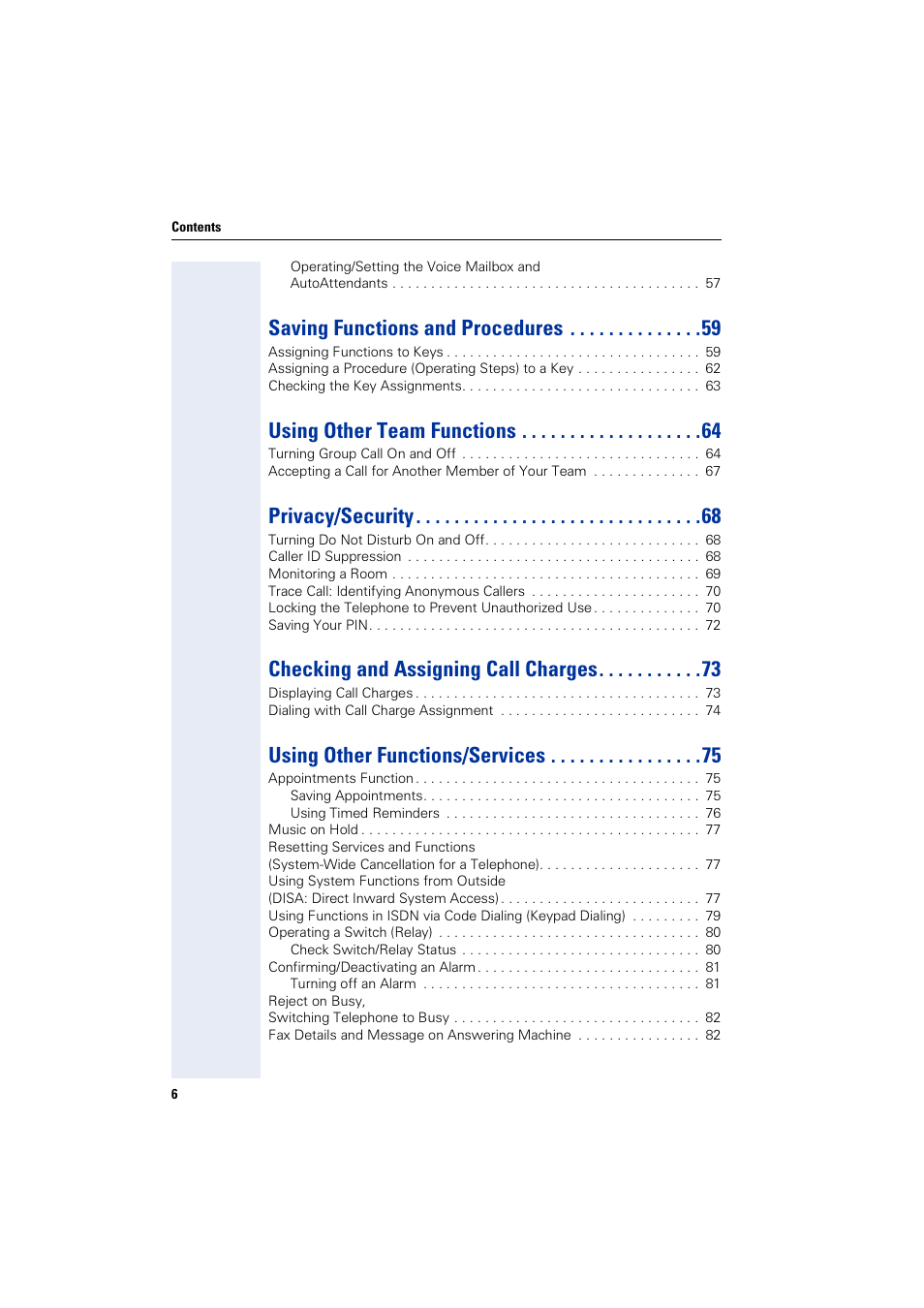 Saving functions and procedures, Using other team functions, Privacy/security | Checking and assigning call charges, Using other functions/services | Siemens HIPATH 1200 User Manual | Page 6 / 104