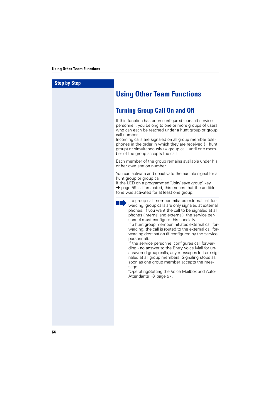 Using other team functions, Turning group call on and off | Siemens HIPATH 1200 User Manual | Page 64 / 104