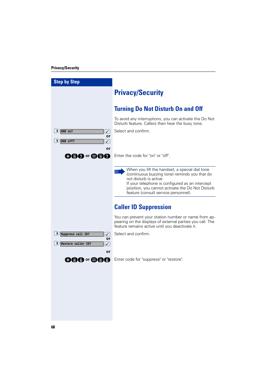 Privacy/security, Turning do not disturb on and off, Caller id suppression | Siemens HIPATH 1200 User Manual | Page 68 / 104