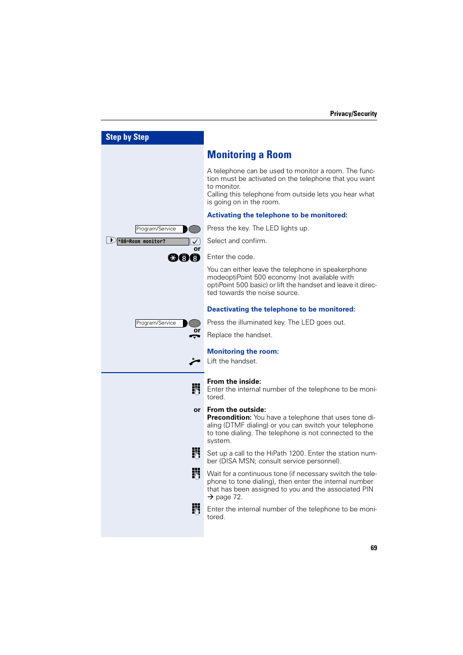 Monitoring a room | Siemens HIPATH 1200 User Manual | Page 69 / 104