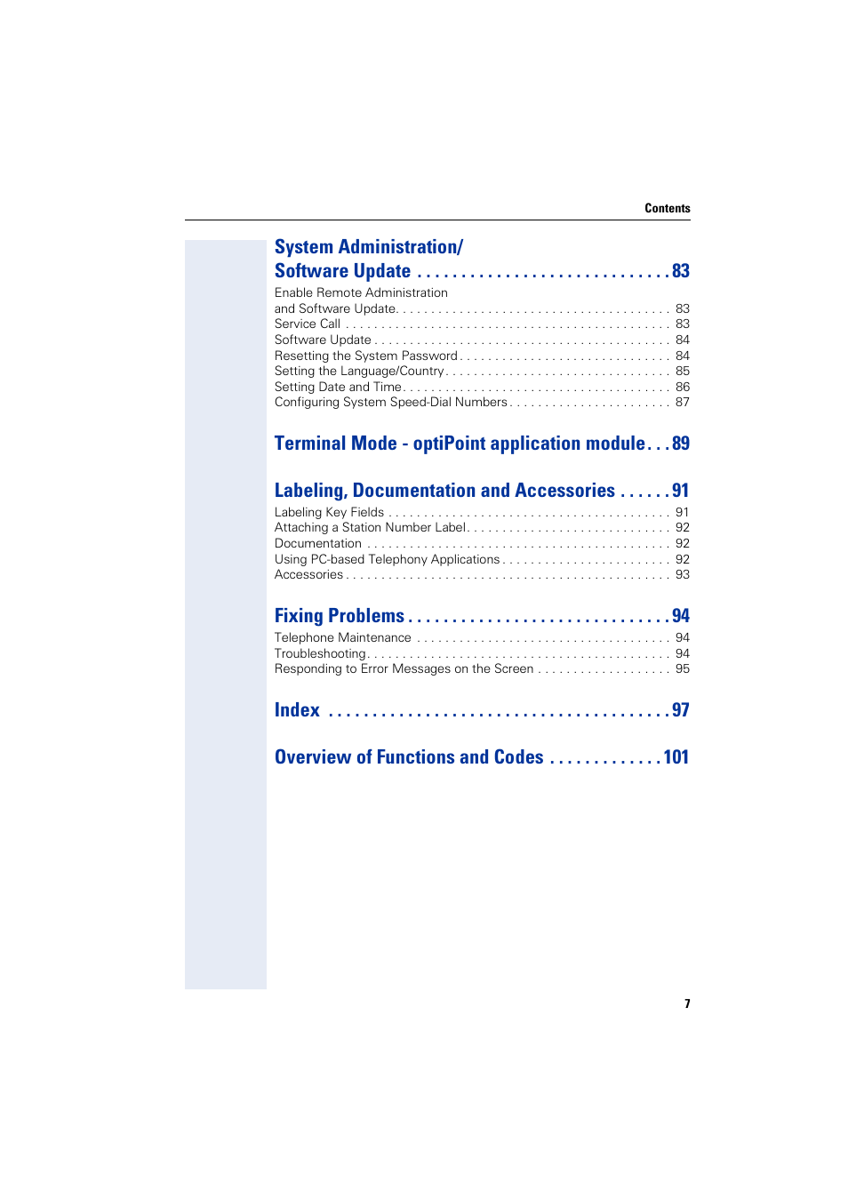 System administration/ software update, Fixing problems, Index overview of functions and codes | Siemens HIPATH 1200 User Manual | Page 7 / 104